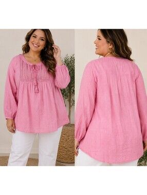 Grand & Greene Pink Cotton Peasant Tunic Blouse 1X Boho Lagenlook Beach Coastal